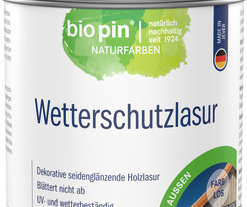 Dose gefüllt mit Wetterschutzlasur in heller Eichenholzfarbe, geeignet für offenporige Holzanstriche im Außenbereich