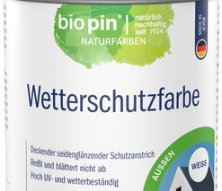 Dose gefüllt mit weißer Wetterschutzfarbe, für dauerhafte, offenporige Holzanstriche im Außenbereich